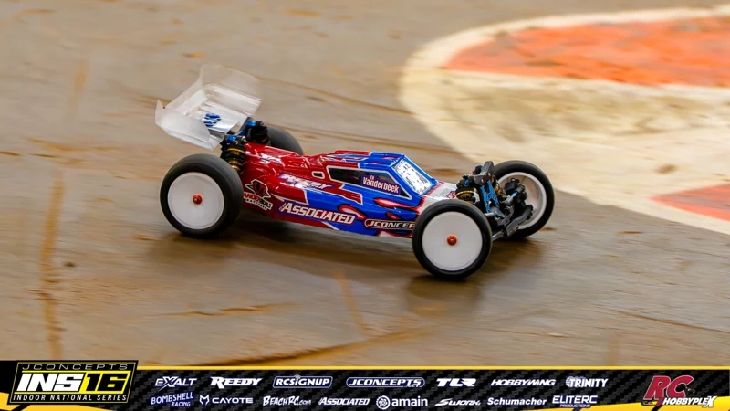 Eli Vanderbeek's Team Associated RC car at the JConcepts INS16 Hoosier Hobbyplex Finals