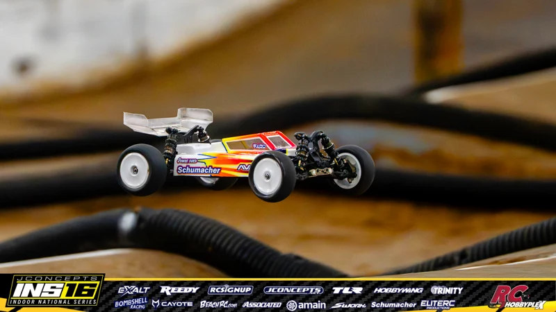 Evan Tapp's Schumacher RC car at the JConcepts INS16 Hoosier Hobbyplex Finals