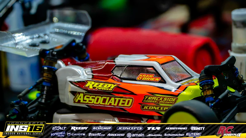 Kraig Obrien's Team Associated RC car at the JConcepts INS16 Hoosier Hobbyplex Finals