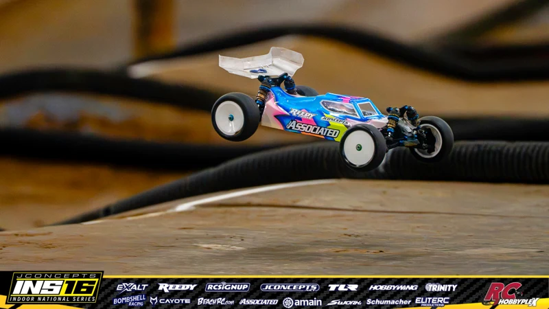 Noah Hicklin's Team Associated RC car at the JConcepts INS16 Hoosier Hobbyplex Finals