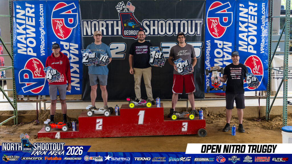 Open Nitro Truggy: 1. Hunter Parsons, 2. Ethan McManus, 3. Tim Hobbs, 4. Cole Whitehead, 5. Justin Simonson