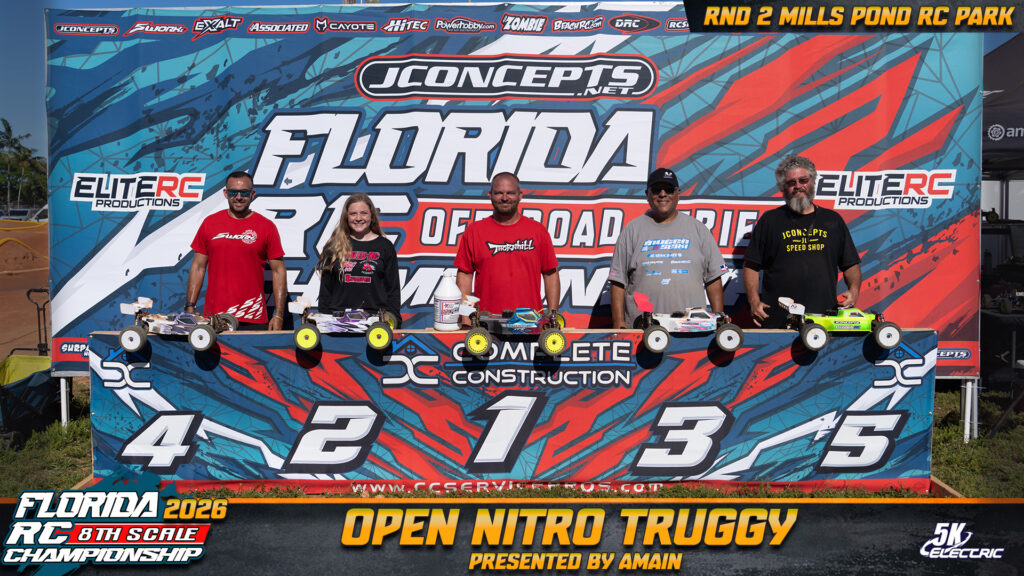 Open Nitro Truggy: 1. Jake Lasko, 2. Brooke Wolford, 3. Freddy Villalona, 4. Santiago Vallejo Mejia, 5. Seth Patton