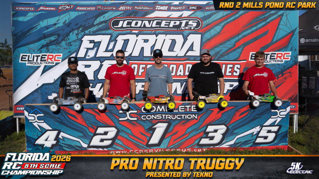 Pro Nitro Truggy: 1. Ryan Harris, 2. Juan Serna, 3. John Bertelsen, 4. Gabriel Santiago, 5. Dylan Coe