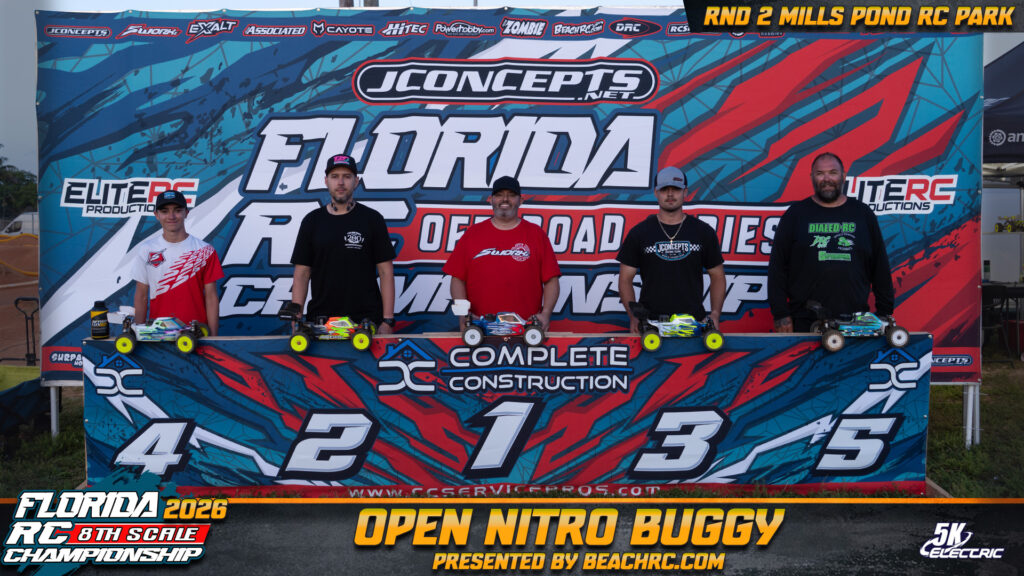 Open Nitro Buggy: 1. Daniel Martinez, 2. Johnny Mejia, 3. Dalton Hashbarger, 4. Mason Montminy, 5. Mike Wolford