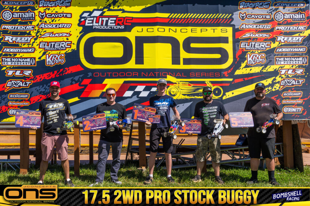 17.5 2wd Pro Stock Buggy: 1. Benjamin Decker, 2. Jason Ruona, 3. Patrick Rossiter, 4. Jose Zayas, 5. Owen Simmons