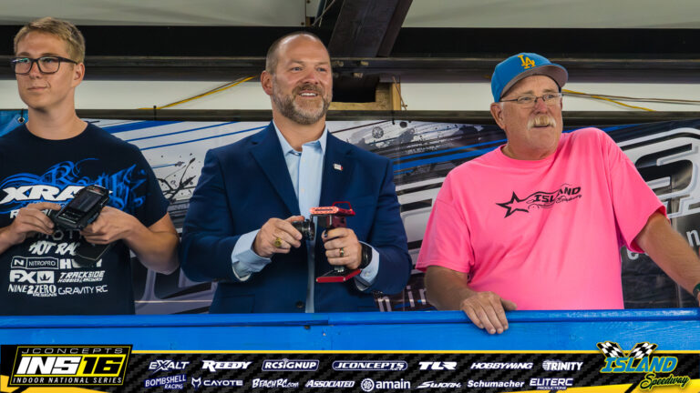 Dr. Brad Bark, Mayor of the City of Muscatine during a visit to JConcepts INS16 Island Speedway on Saturday, June 13, 2026. Scene: Group Photo.