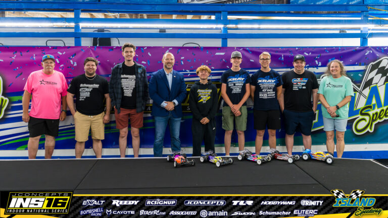 Dr. Brad Bark, Mayor of the City of Muscatine during a visit to JConcepts INS16 Island Speedway on Saturday, June 13, 2026. Scene: Group Photo With Racers.