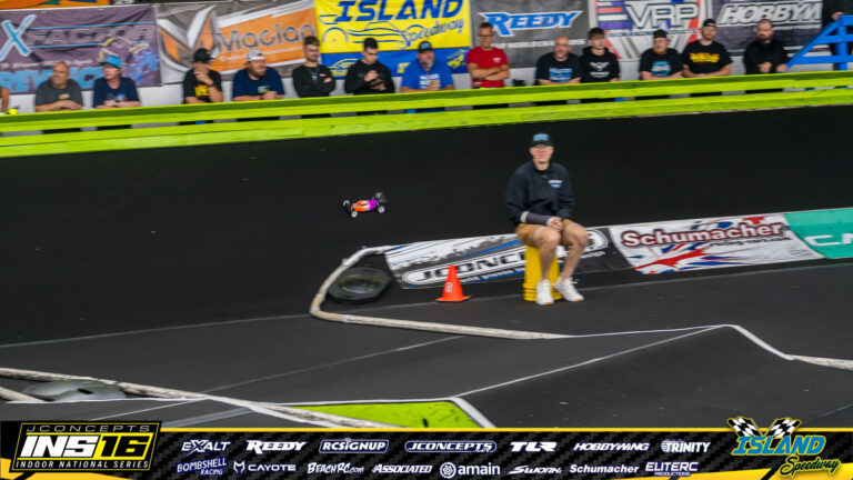 Dr. Brad Bark, Mayor of the City of Muscatine during a visit to JConcepts INS16 Island Speedway on Saturday, June 13, 2026. Scene: Race Action Wall Turn.