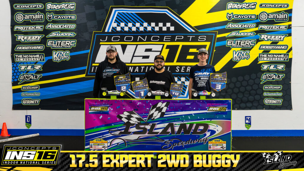 Podium winners for 17.5 Expert 2WD Buggy at JConcepts INS16 Island Speedway, Indoor National Series race event.