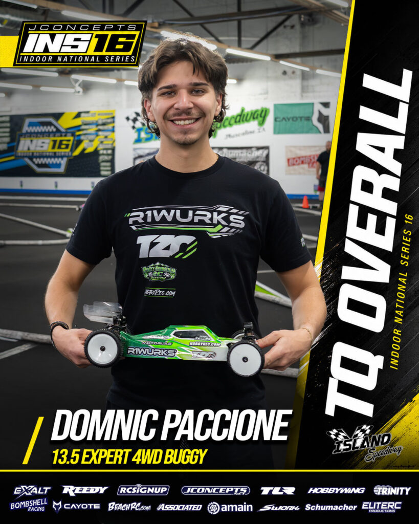 TQ overall winner Domnic Paccione for 13.5 Expert 4WD Buggy at JConcepts INS16 Island Speedway, Indoor National Series race event.