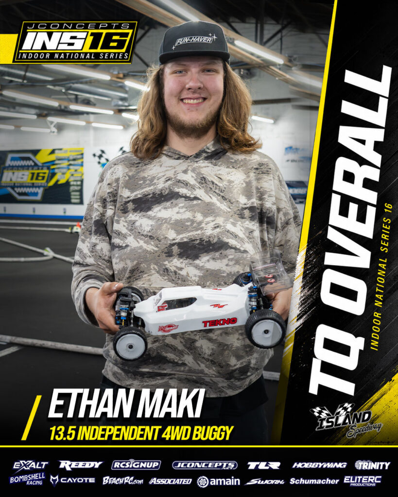 TQ overall winner Ethan Maki for 13.5 Independent 4WD Buggy at JConcepts INS16 Island Speedway, Indoor National Series race event.