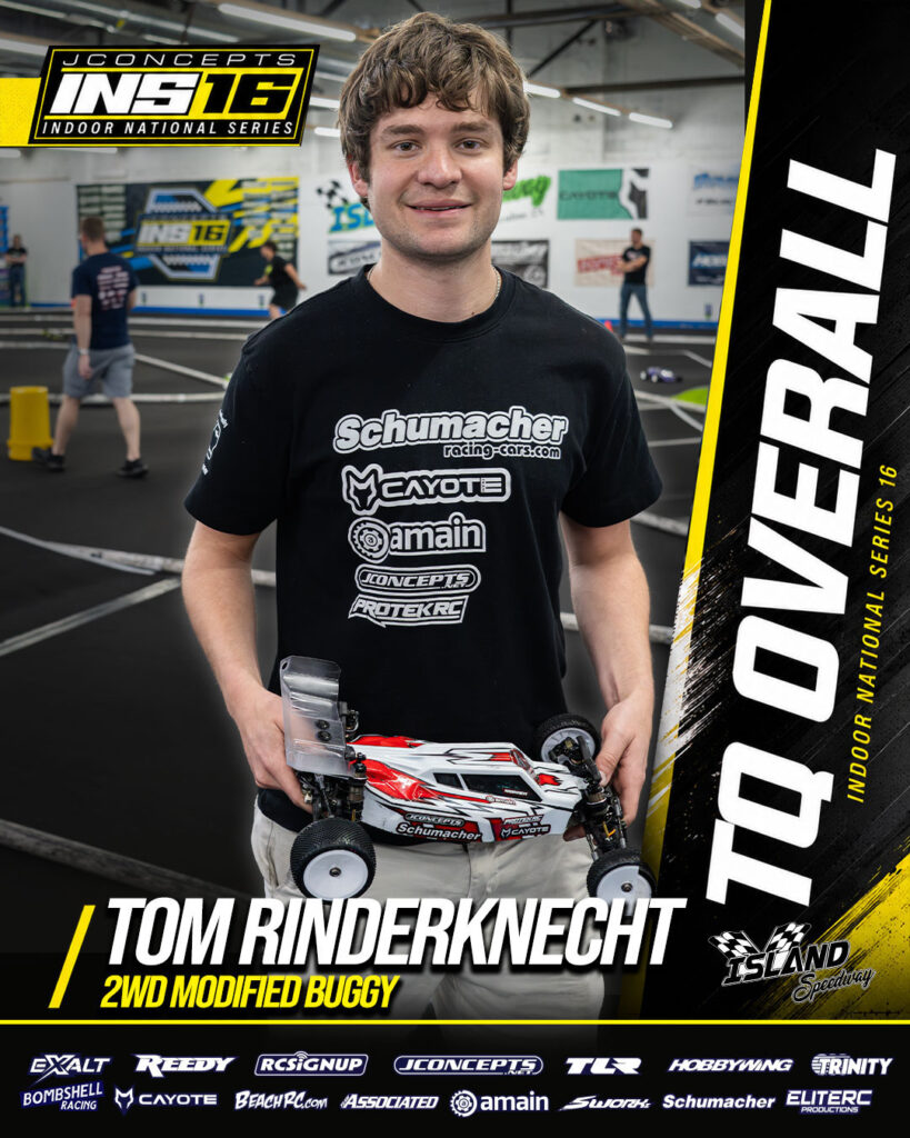 TQ overall winner Tom Rinderknecht for 2WD Modified Buggy at JConcepts INS16 Island Speedway, Indoor National Series race event.