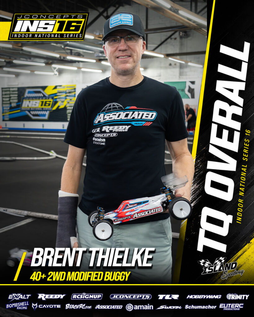 TQ overall winner Brent Thielke for 40+ 2WD Modified Buggy at JConcepts INS16 Island Speedway, Indoor National Series race event.