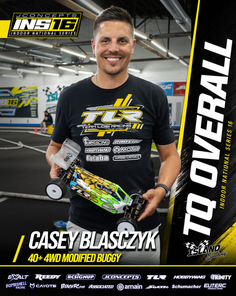 TQ overall winner Casey Blasczyk for 40+ 4WD Modified Buggy at JConcepts INS16 Island Speedway, Indoor National Series race event.