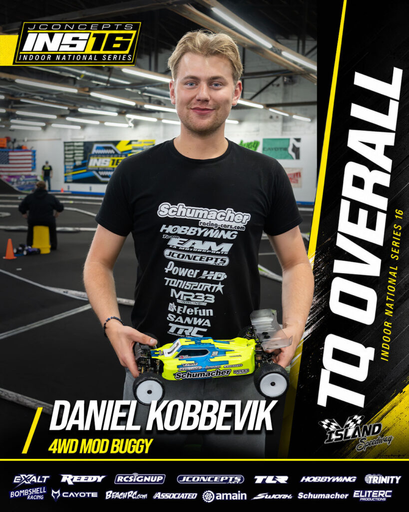 TQ overall winner Daniel Kobbevik for 4WD Mod Buggy at JConcepts INS16 Island Speedway, Indoor National Series race event.