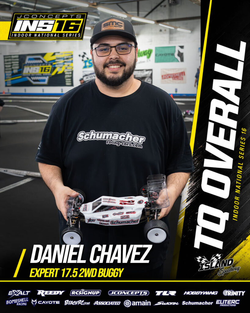 TQ overall winner Daniel Chavez for Expert 17.5 2WD Buggy at JConcepts INS16 Island Speedway, Indoor National Series race event.