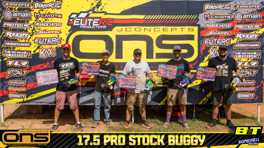 17.5 2wd Pro Stock Buggy: 1. Patrick Rossiter, 2. Ben Buckingham, 3. Justin Cranford, 4. Jose Zayas, 5. Christopher Kendall.