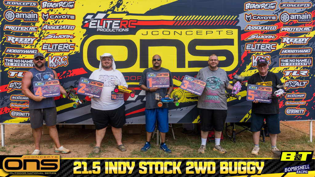 21.5 Indy Stock 2wd Buggy: 1. Erric Irvin, 2. Ryan Hasty, 3. Duane Sapp, 4. Nicholas Sackandy, 5. Robert Lynn.