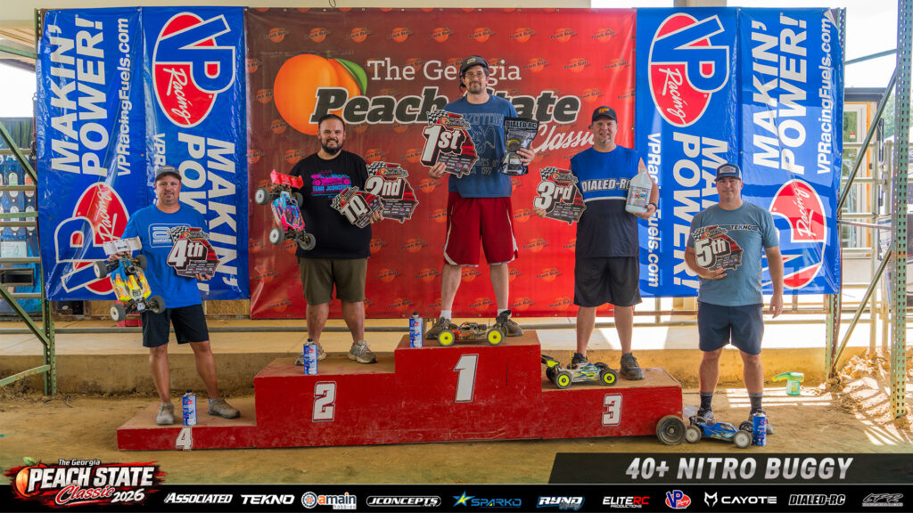 40+ Nitro Buggy top five holding awards on the podium at the 2026 Georgia Peach State Classic.