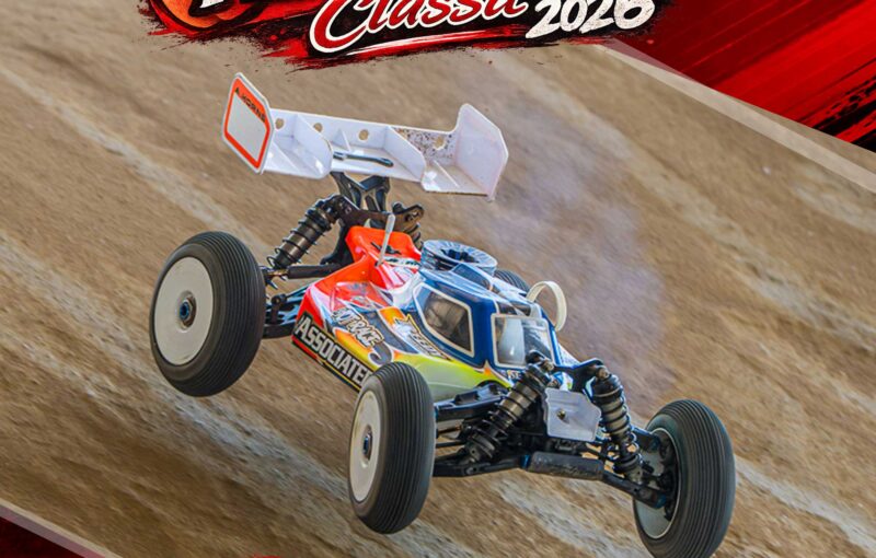 Race report cover for the 2026 Georgia Peach State Classic, featuring Aydin Horn’s Team Associated nitro buggy jumping over the dirt track.