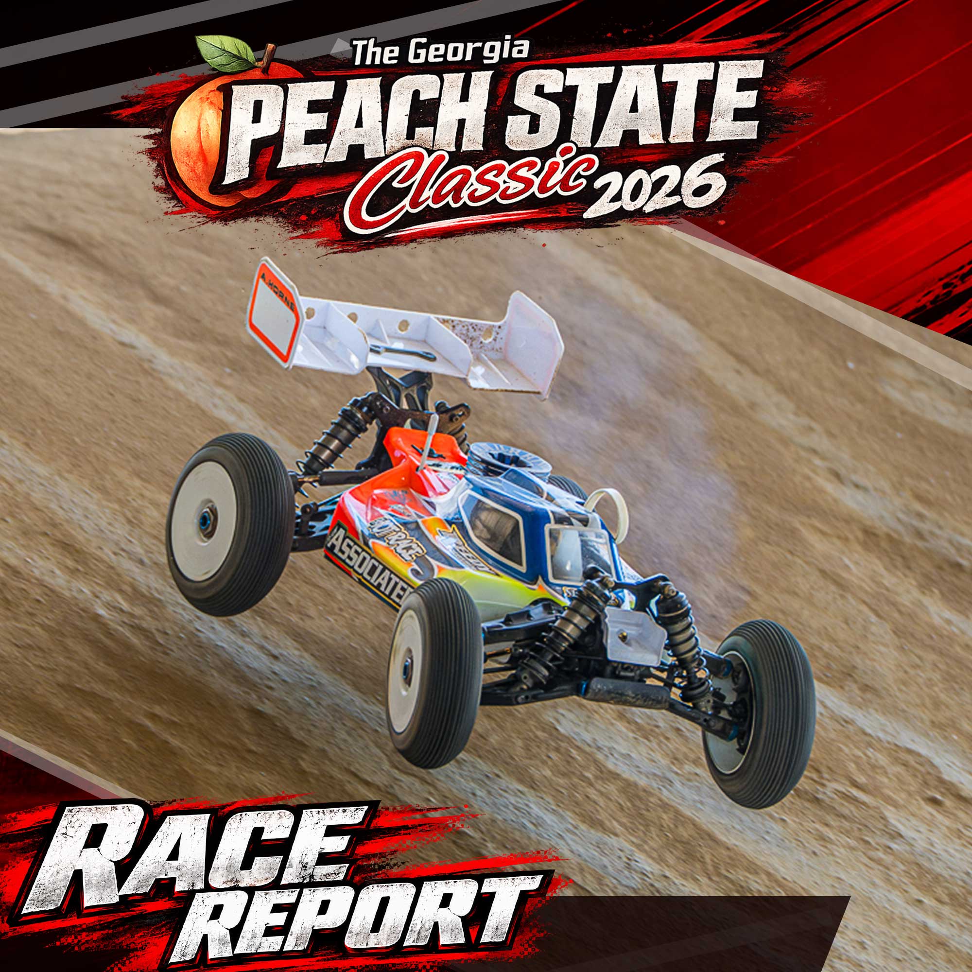 Race report cover for the 2026 Georgia Peach State Classic, featuring Aydin Horn’s Team Associated nitro buggy jumping over the dirt track.