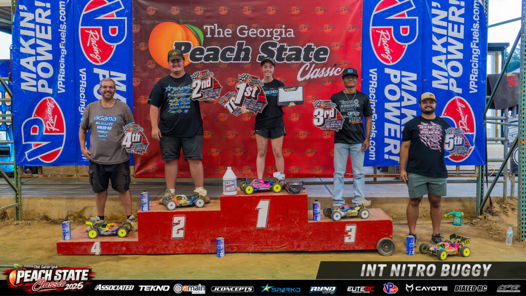 Intermediate Nitro Buggy top five holding awards on the podium at the 2026 Georgia Peach State Classic.