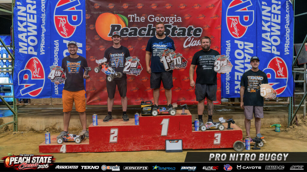 Pro Nitro Buggy top five holding awards on the podium at the 2026 Georgia Peach State Classic.