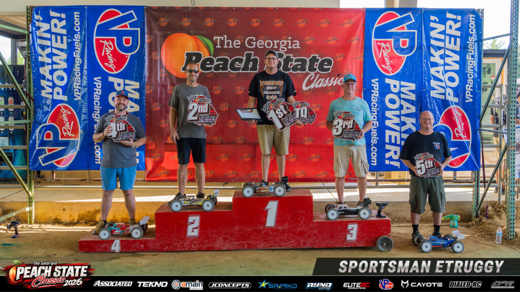 Sportsman ETruggy top five holding awards on the podium at the 2026 Georgia Peach State Classic.