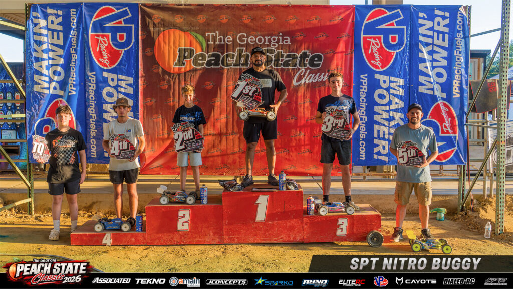 Sportsman Nitro Buggy top five and the top qualifier holding awards on the podium at the 2026 Georgia Peach State Classic.