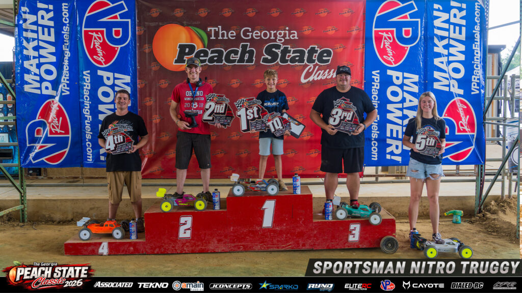Sportsman Nitro Truggy top five holding awards on the podium at the 2026 Georgia Peach State Classic.