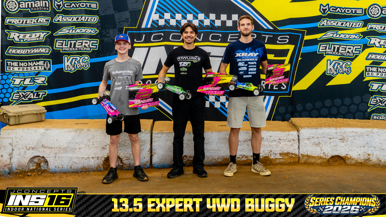 13.5 Expert 4WD Buggy INS16 2026 Champions holding RC vehicles and series awards.