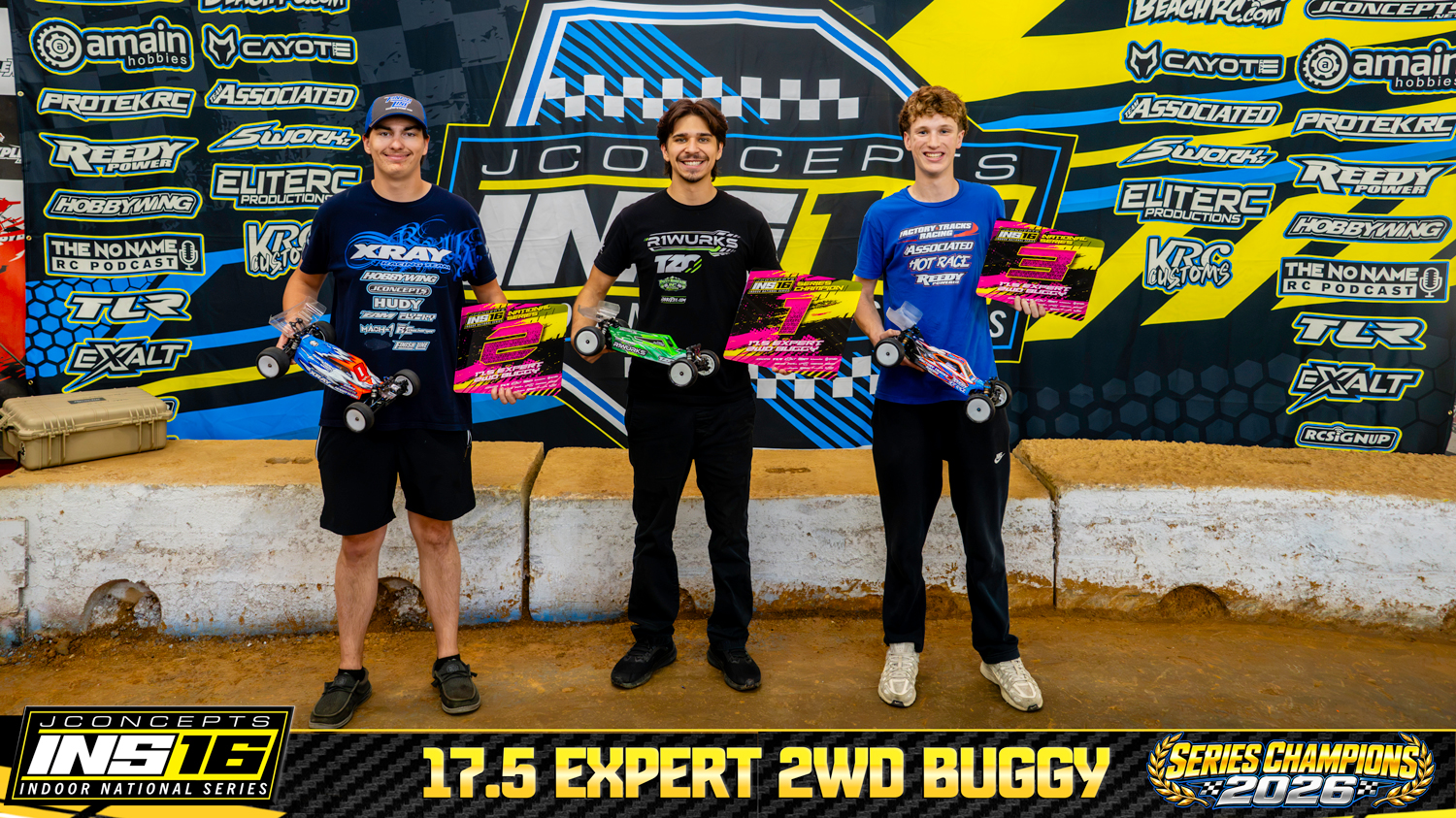 17.5 Expert 2WD Buggy INS16 2026 Champions holding RC vehicles and series awards.