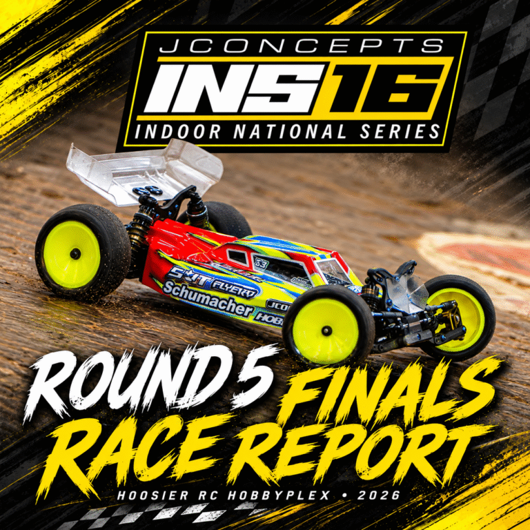 2026 JConcepts INS16 Round 5 Finals race report cover featuring Broc Champlin’s Schumacher buggy at Hoosier RC Hobbyplex