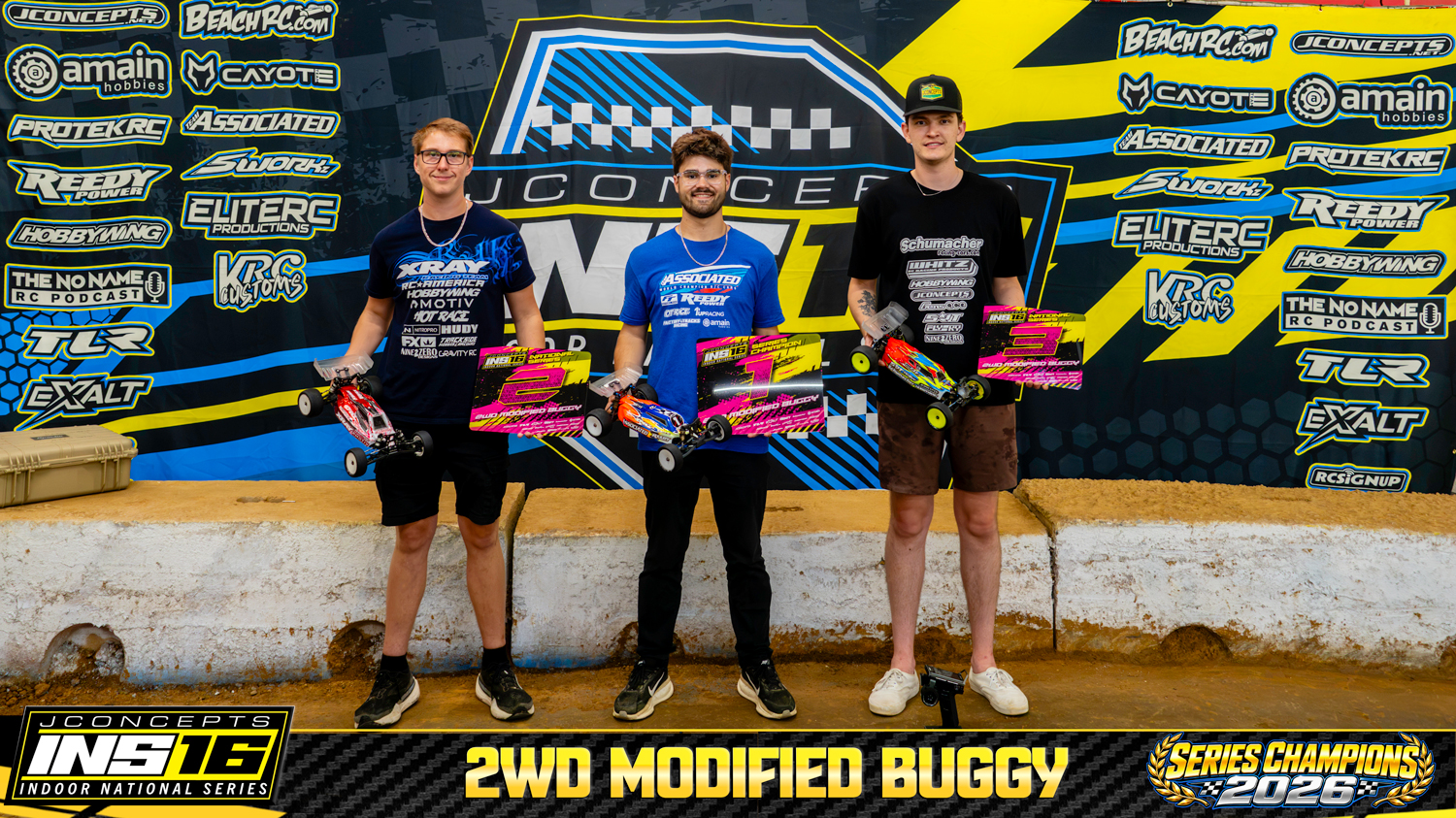 2WD Modified Buggy INS16 2026 Champions holding RC vehicles and series awards.