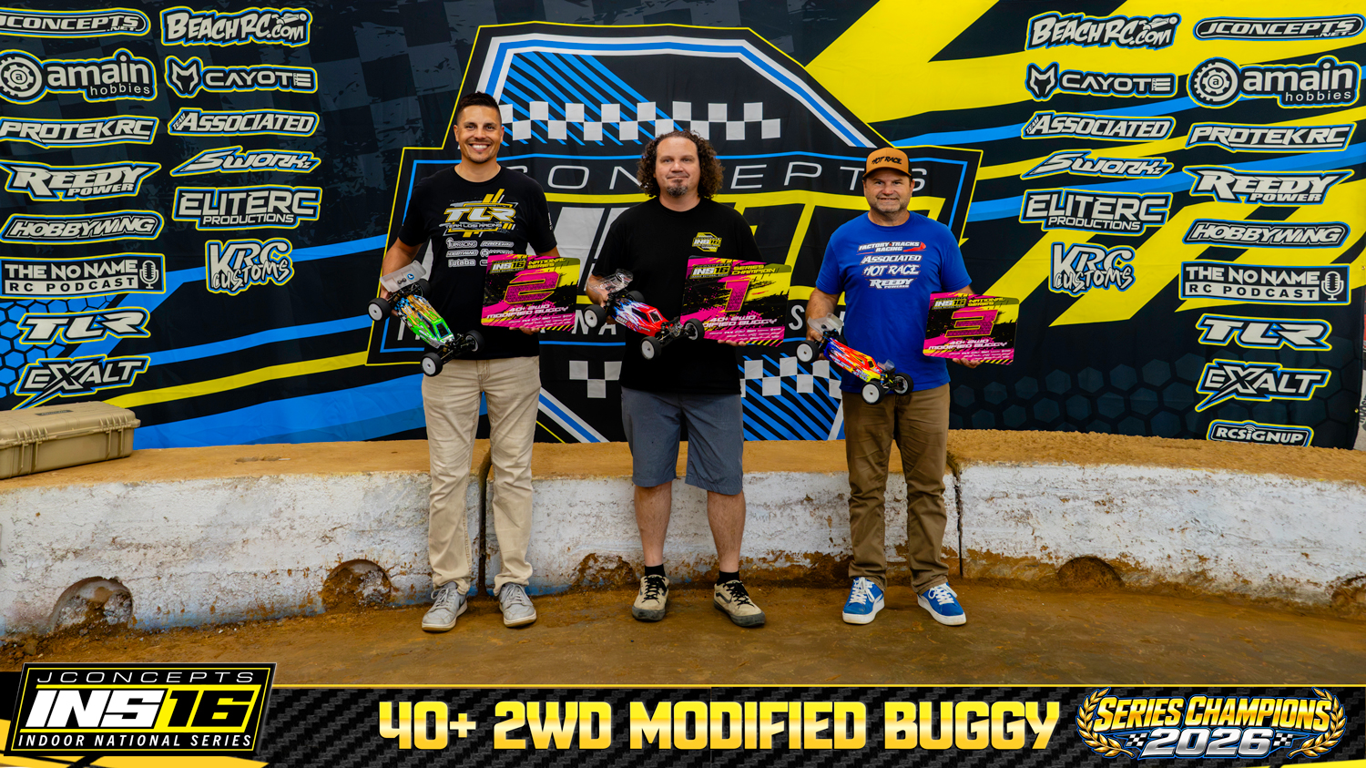 40+ 2WD Modified Buggy INS16 2026 Champions holding RC vehicles and series awards.
