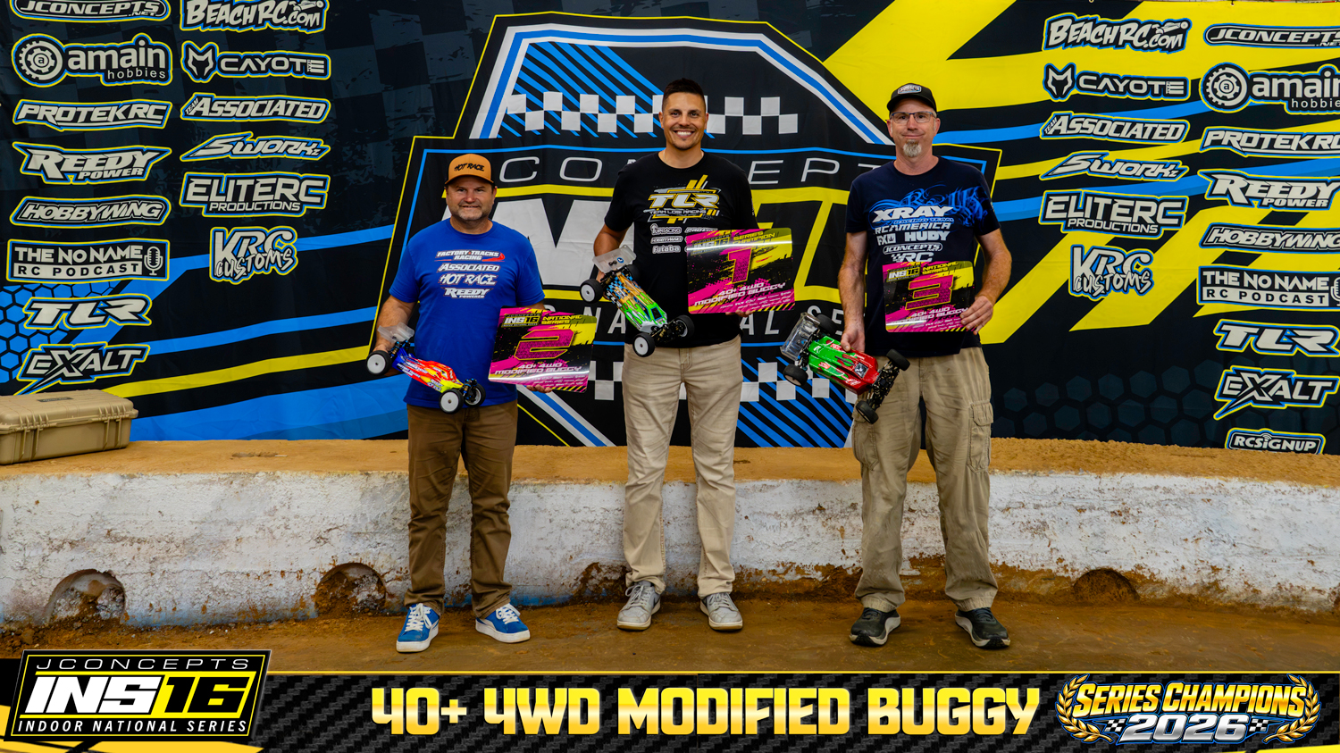 40+ 4WD Modified Buggy INS16 2026 Champions holding RC vehicles and series awards.