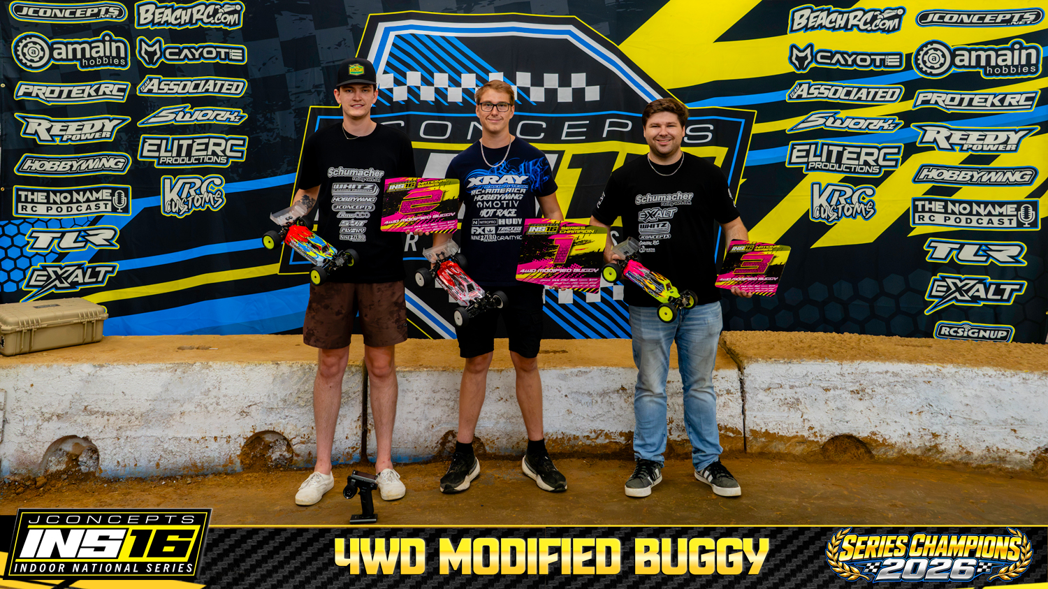4WD Modified Buggy INS16 2026 Champions holding RC vehicles and series awards.