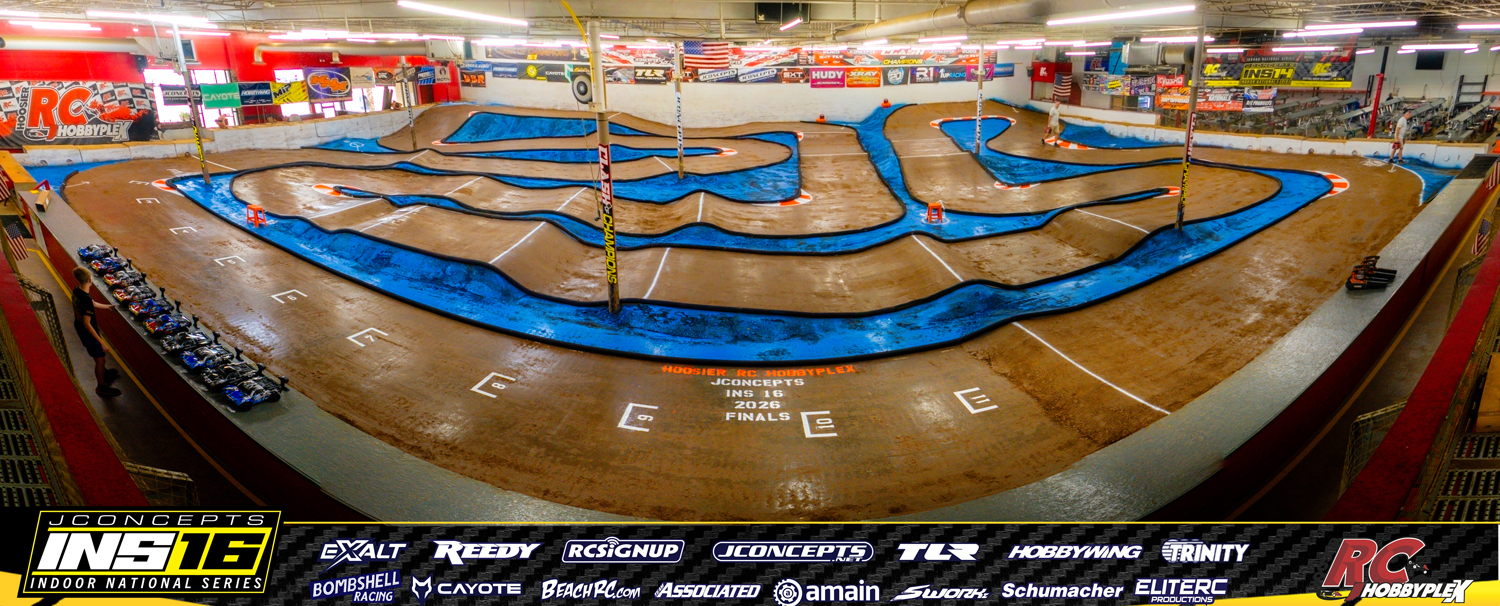 Overhead panoramic view of the dirt track at Hoosier RC Hobbyplex for the 2026 JConcepts INS16 Finals