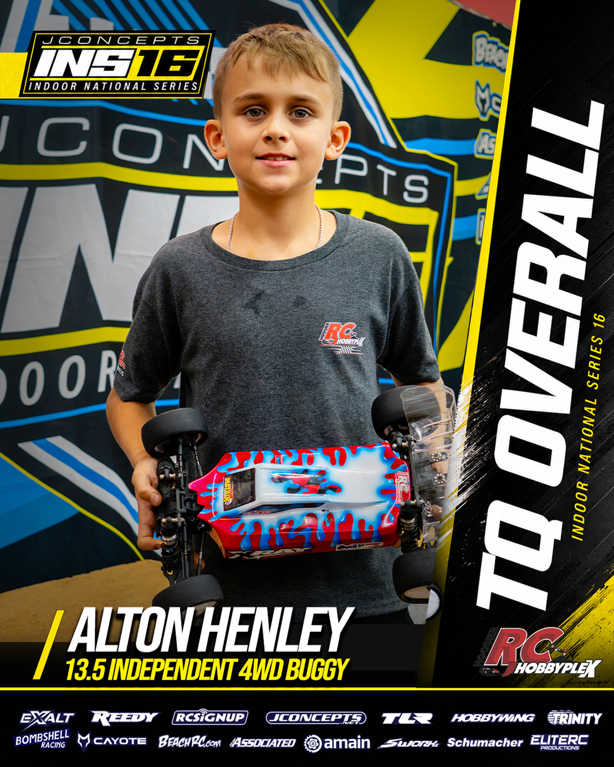 Alton Henley, 13.5 Independent 4WD Buggy TQ Overall, holding an RC vehicle at the 2026 JConcepts INS16 Finals at Hoosier RC Hobbyplex.