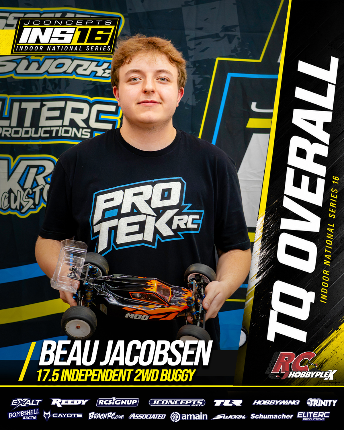 Beau Jacobsen, 17.5 Independent 2WD Buggy TQ Overall, holding an RC vehicle at the 2026 JConcepts INS16 Finals at Hoosier RC Hobbyplex.