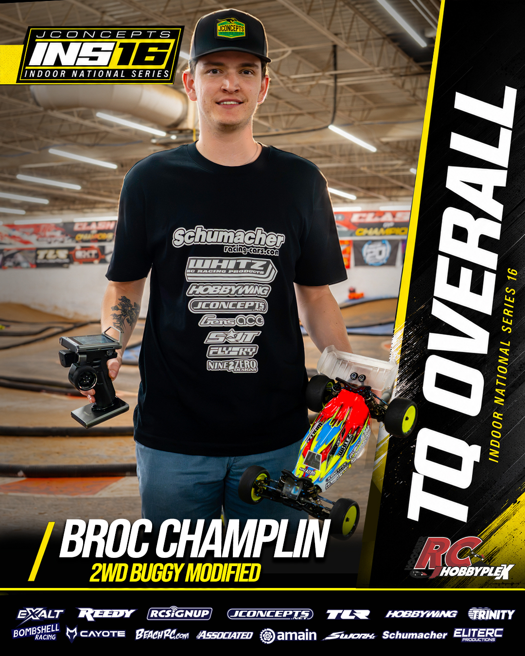 Broc Champlin, 2WD Buggy Modified TQ Overall, holding an RC vehicle at the 2026 JConcepts INS16 Finals at Hoosier RC Hobbyplex.