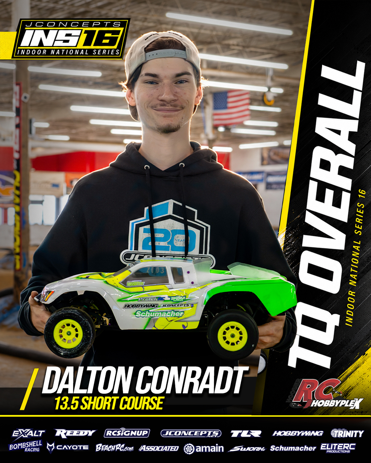 Dalton Conradt, 13.5 Short Course TQ Overall, holding an RC vehicle at the 2026 JConcepts INS16 Finals at Hoosier RC Hobbyplex.