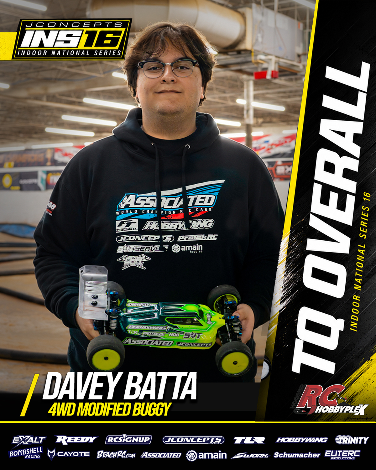 Davey Batta, 4WD Modified Buggy TQ Overall, holding an RC vehicle at the 2026 JConcepts INS16 Finals at Hoosier RC Hobbyplex.