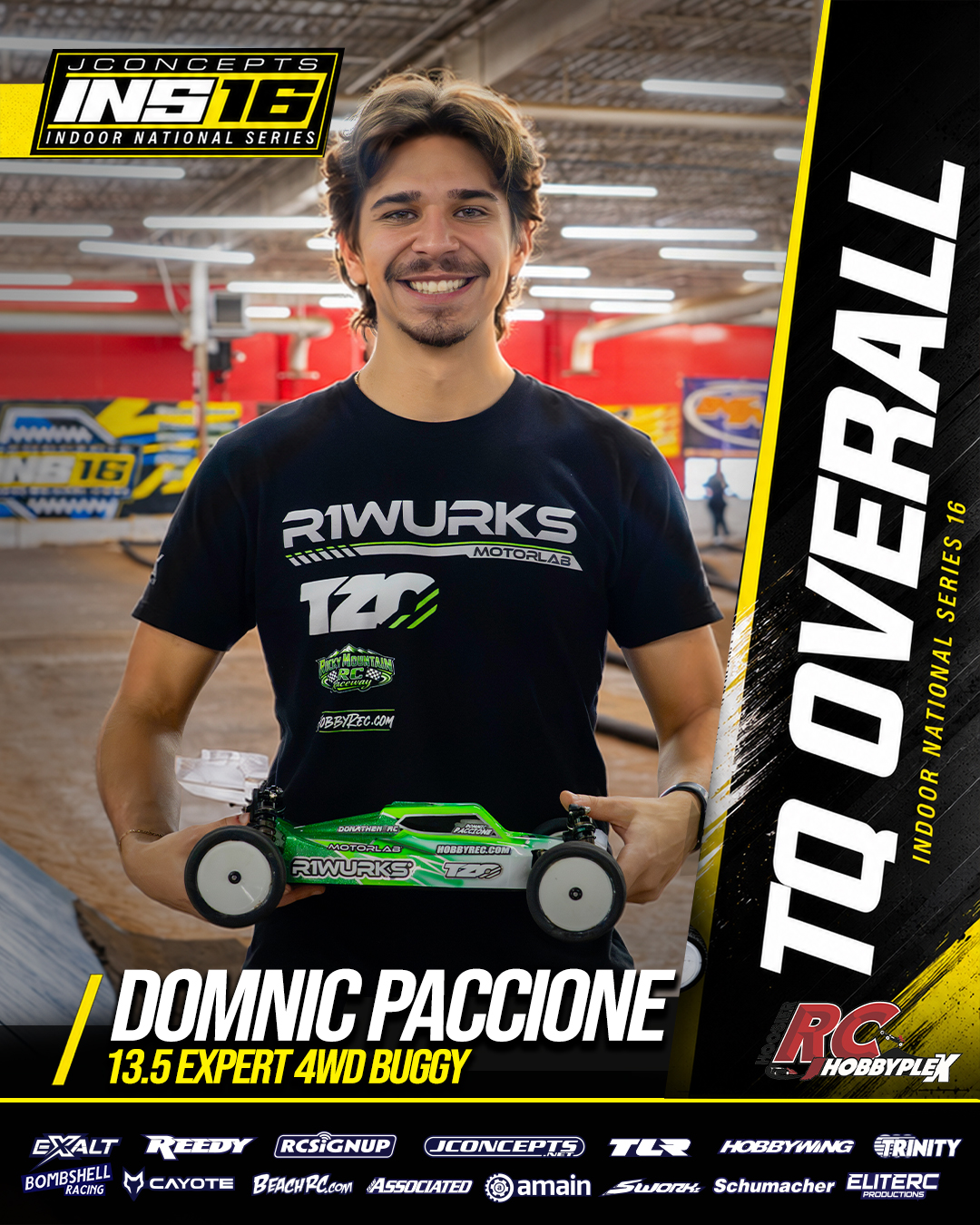 Domnic Paccione, 13.5 Expert 4WD Buggy TQ Overall, holding an RC vehicle at the 2026 JConcepts INS16 Finals at Hoosier RC Hobbyplex.