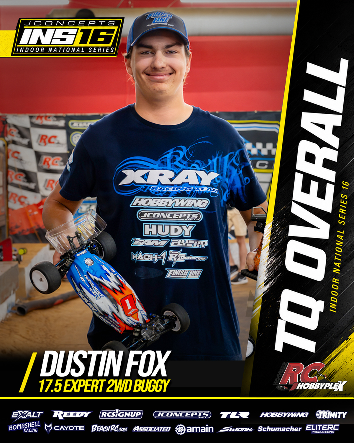 Dustin Fox, 17.5 Expert 2WD Buggy TQ Overall, holding an RC vehicle at the 2026 JConcepts INS16 Finals at Hoosier RC Hobbyplex.