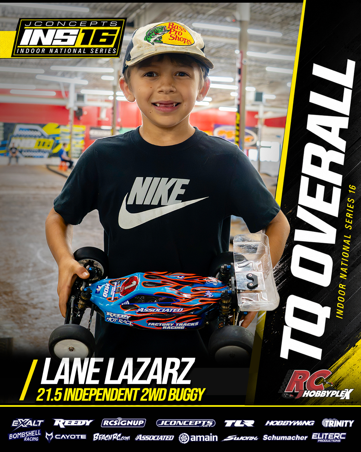 Lane Lazarz, 21.5 Independent 2WD Buggy TQ Overall, holding an RC vehicle at the 2026 JConcepts INS16 Finals at Hoosier RC Hobbyplex.