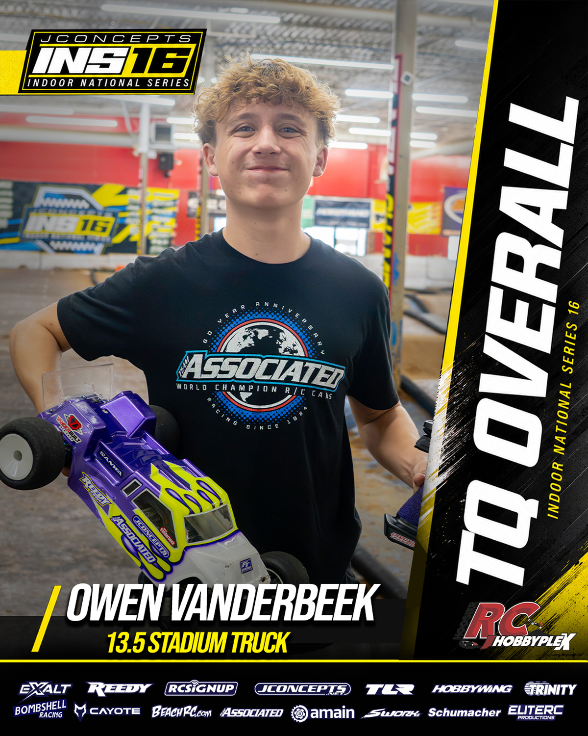 Owen Vanderbeek, 13.5 Stadium Truck TQ Overall, holding an RC vehicle at the 2026 JConcepts INS16 Finals at Hoosier RC Hobbyplex.